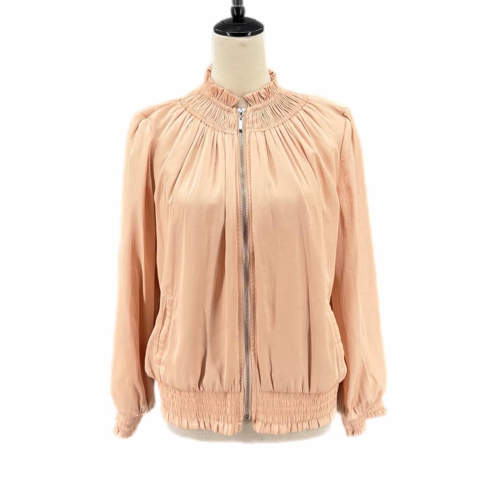 Chico’s Sz. 0 Blush Pink Satin Shirred Bomber Zip Boho Femme Lightweight Jacket